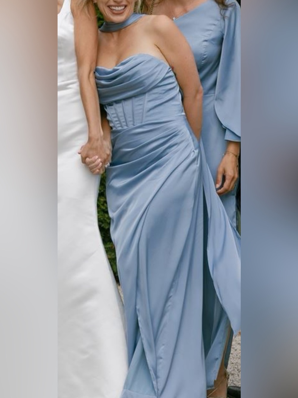 Birdy Grey Dusty Blue Matte Satin Carrie Dress with Straps and Valerie Scarf